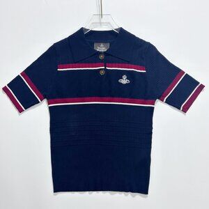 Women's Vivienne Westwood Polo Shirt, Size L - Navy with Stripes, Knitted Short